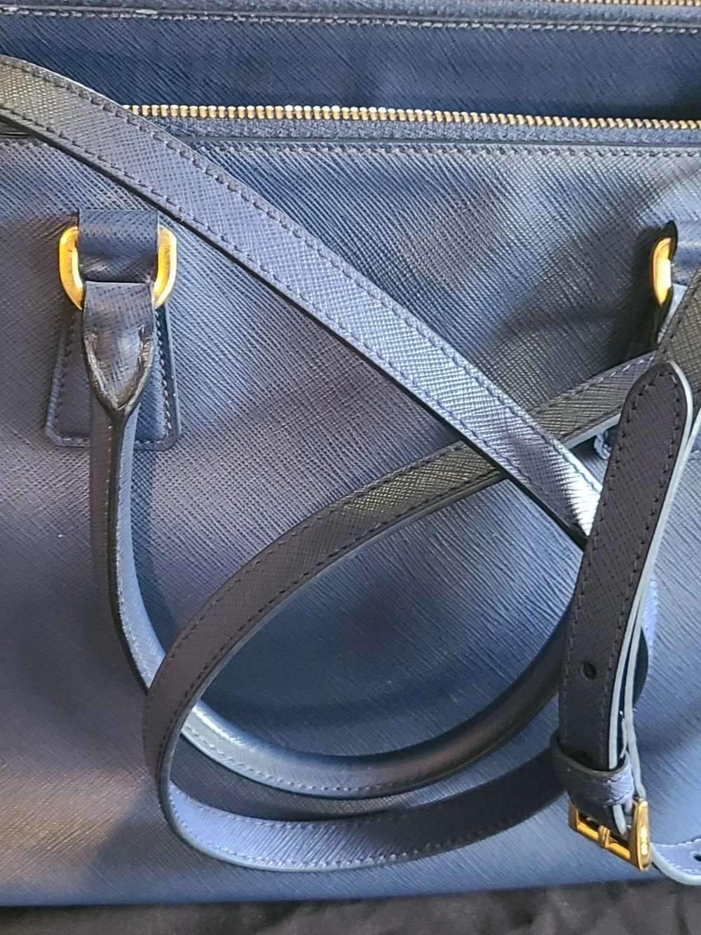 Prada Navy Saffiano Leather Satchel with Gold Hardware